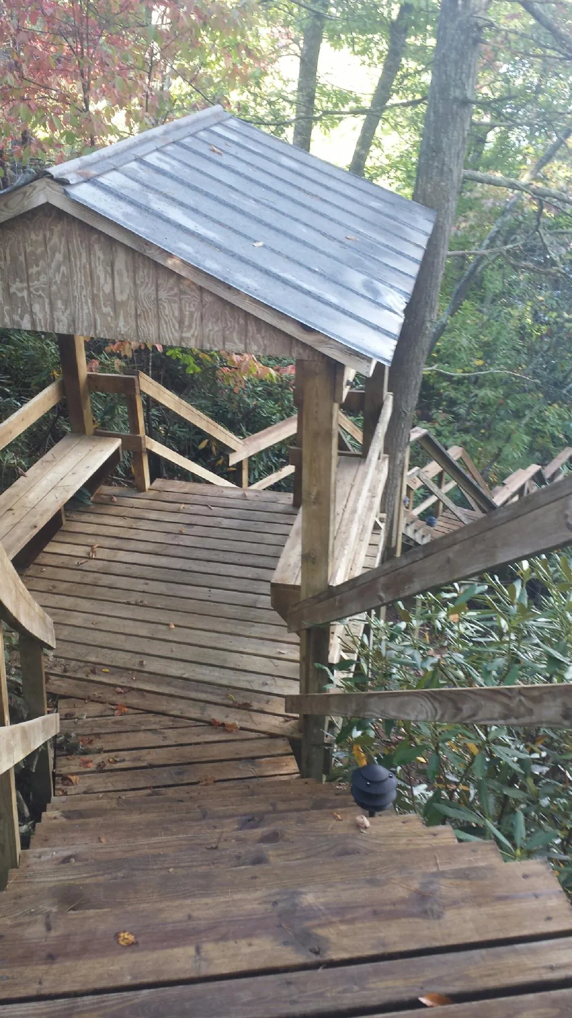 Metal roofed shelter over wooden steps on a wooded walkway — Skylight Repair & Installation work by our crew in Skykomish